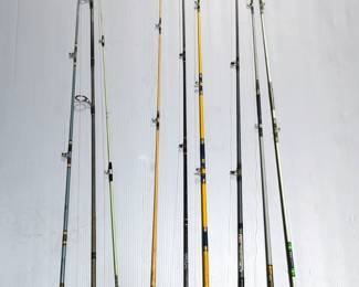 Fishing Rod And Reel Collection, Qty 9, Brands Include Eagle Claw, Garcia, Zebco, Daiwa, Johnny Walker, Shakespeare, Kunnan, And Berkley, Various Lengths And Styles