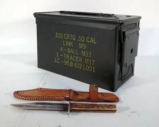 Metal Ammo Can, Approx 7" x 12" x 5.5", And Alfred Williams Fixed Blade Knife, 5" Blade, In Leather Sheath 