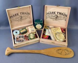 Mark Twain Cigar Boxes, Qty 2, Both Contain Various Fishing Supplies, With Orvis Fisherman's Lens-Lite In Original Box, Unknown Working Condition, And McCann Paddles Miniature Canoe Paddle, Approx 20" Long