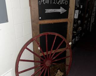 Door sign and wagon wheel 
