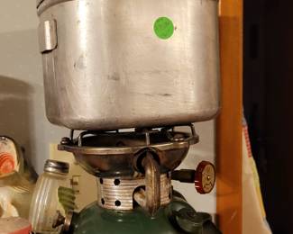 Vintage Coleman camp burner with case/cooking pan with lid and handle