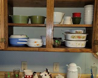Corning Ware, Pyrex, Anchor, Hall and GlasBake. Cow creamers have no markings. Holt Howard santa jelly jar. Napco santa boot pitcher. 