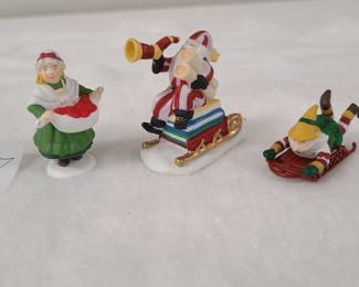 Dept 56 Village north pole collectible santa, Mrs Claus, elf