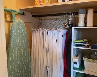 White cotton-polyester tablecloths by 1888 Mills, 11-76in round, 1-84in round, 1-88in round, 1-90in round, 3- 52x102, & 1 yellow 60x102 oval. Ironing board, countertop ironing board, GE iron, Remington handheld steamer, yarn, knitting needles & white dollies, set of 4 Knifty Knitter (in lemon tote bag), 3 manual Fiskars paper cutters, 1 Provo Craft paper cutter, Creative Memories paper cutter w/drawer, Fiskars circular cutter, white basket w/cards & post cards