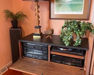 HI-FI cabinet, w/ Pioneer AM/FM receiver radio, Pioneer 7 band graphic equalizer, Pioneer stereo amplifier SA-1480, Pioneer compact disk player, Pioneer stereo turn table PL-870, Pioneer stereo double cassette player CT-980W, pair of 34 in speakers, & LP Storage in bottom section w/LPs.