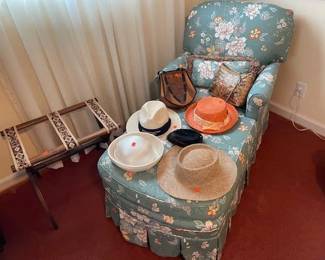 Hats for all occasions! Vintage Suitcase table and of course the Beautiful Overstuffed Chaise Lounge