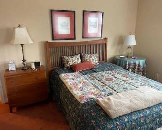 Beautiful Retro Stickley Bedroom Set includes Queen Bed Headboard w/with boxspring and mattress, (Nightstand (20x16x29), Tall Lingerie 6 Drawer Chest (21x16x55), 8 Drawer Mirrored Chest (Chest is 63x19x67 and Mirror is 46"x34), Cedar Chest (42x21x24), end of bed bench (42x18x16). Purchase as a set or by the piece.