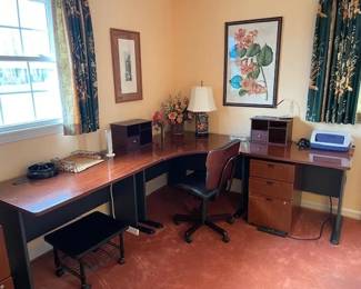 Three-panel corner computer desk w/curved front, 1 office desk chair, 1-2 drawer file cabinet (not in photo), 1-3 drawer file cabinet, black floor computer stand w/casters