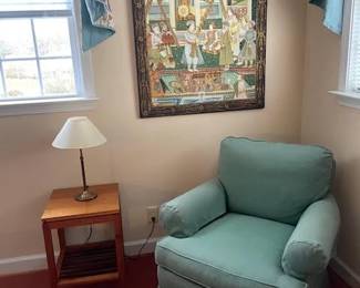 Indian Mughal and/or Pasha Dynasty Framed Painting on Silk (2 of these, see the other at picture #49) plus Stickley Lamp Table and Beautiful MCM Overstuffed Chair