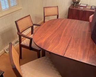 Thomasville dining table w/2 leaves, 76”x45” with 6 upholstered chairs and Thomasville doored buffet 30”x60” w/2 shelves & four drawers