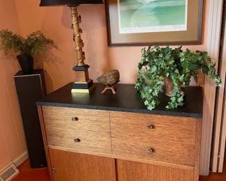 HI-FI cabinet, w/ Pioneer AM/FM receiver radio, Pioneer 7 band graphic equalizer, Pioneer stereo amplifier SA-1480, Pioneer compact disk player, Pioneer stereo turn table PL-870, Pioneer stereo double cassette player CT-980W, pair of 34 in speakers, & LP Storage in bottom section w/LPs.