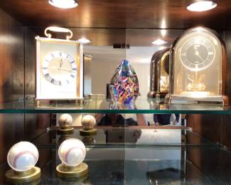 Seiko clock, signed baseballs, glass paper weight 