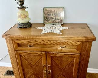 Small buffet with drawer and 2-door storage (matches dining table), Burmese satin glass lamp