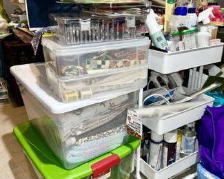 Many containers filled with thread, fabric, sewing accessories and equipment, etc.  (some SOLD)
