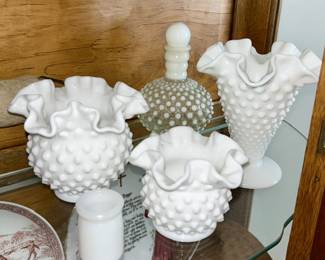 Fenton hobnail vases, Opalescent cruet (some SOLD)