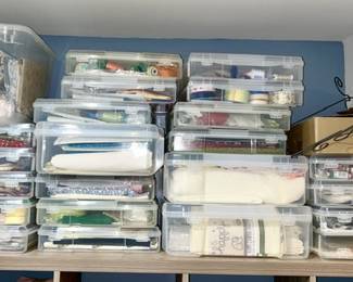 Containers filled with thread, ribbon, sewing equipment and accessories (some SOLD)