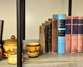 Wooden hand painted containers, vintage books, picture frames