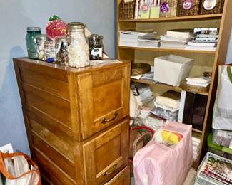 Antique wooden file cabinet (SOLD), jars of buttons, quilting & crafting books, patterns, etc. (some SOLD)
