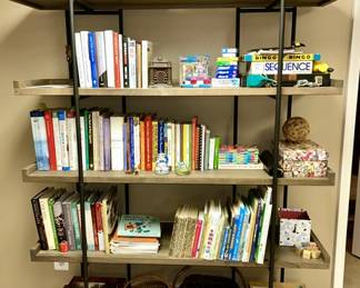 Crate & Barrel modern shelf, puzzles, books, baskets, games, etc.