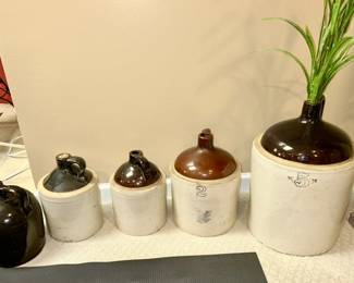 Stoneware jugs, 1 gal, 2 gal, 5 gal