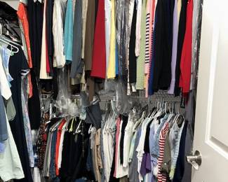 Closet filled with name brand clothing (most size large), shoes, purses, scarves, bedding, etc. (some SOLD)