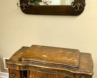 Antique White treadle sewing machine, Antique wall mirror w/ hat hooks (SOLD)