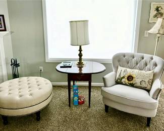 Upholstered side chair and ottoman, drop leaf side table with drawer, lamps, artwork