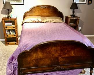 Vintage full size bed, two matching side stands, matching lamps, horse artwork