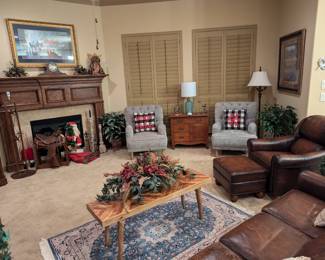 Flexsteel leather chair and ottoman, Chevron wood slate coffee table
