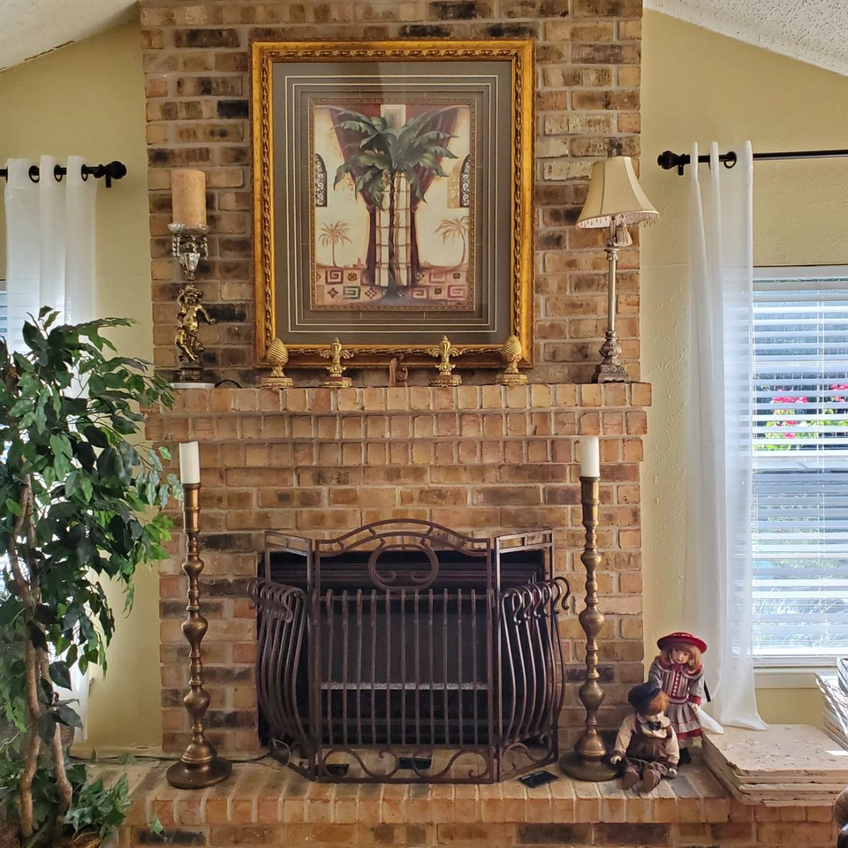 Fireplace accessories; wrought iron hearth, electric fireplace, Art, lamps, and collectors dolls