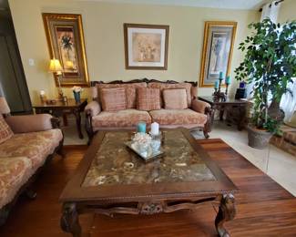 Carved solid hard wood marble top coffee table