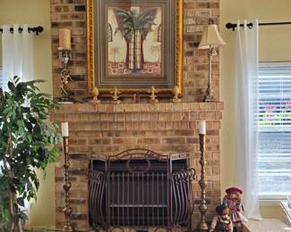 Fireplace accessories; wrought iron hearth, electric fireplace, Art, lamps, and collectors dolls
