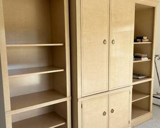 10. 3 Piece Entertainment Center. Pieces can be sold together or all 3 together .  Has light in two side pieces, 5 shelves. Two bookcases measure 28x17x80, middle cabinet measures 28x38x83.  $225.00 