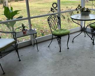 20.3  Green metal Arm Chair and side table - part of 9 piece set  16.0 x14.5 table measurement 