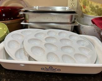 kitchen items, Corningware baking pan, deviled egg trays, chafing dish trays 