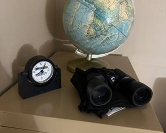 vintage globe, filing cabinets 