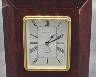 Vtg. Linden Quartz Desk Clock, Wood-Look & Brass