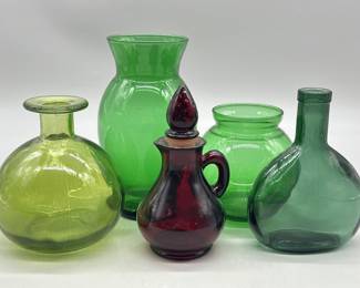 Colored Glass Cruet, Flask, Vases, etc.