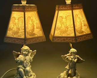 Pair White Resin Angel Lamps w/ Lithophane Shades