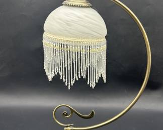 Art Nouveau Brass Lamp w/ Beaded Victorian Shade