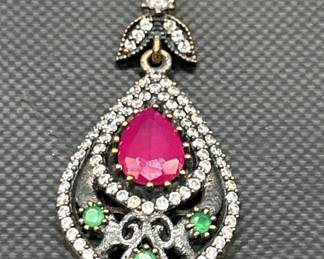 925 Silver Victorian Style Multi Gemstone Pendant