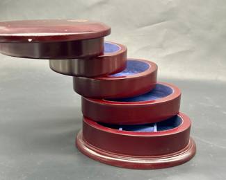 Mid Century Round Wooden Accordion Jewelry Box