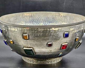 Hammered Silver Tone & Bejeweled Footed Metal Bowl