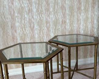 Set Of Two Metal Bamboo Designed Side Tables With Glass Top