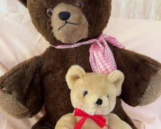 Vintage Brown Bear With Pink Plaid Bow And Little Blonde Bear With Red Bow Set Of Tw Vintage Bearso