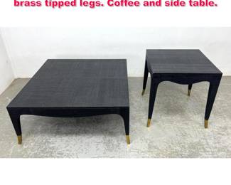 Lot 250 Black grass cloth table Set with brass tipped legs. Coffee and side table.