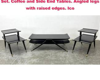 Lot 89 3pc Set Mid Century Modern Table Set. Coffee and Side End Tables. Angled legs with raised edges. Ico