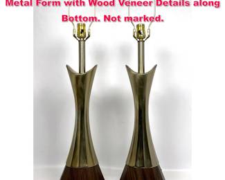 Lot 255 Pr. Laurel Lamps. 12 Sided Corseted Metal Form with Wood Veneer Details along Bottom. Not marked.