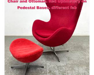 Lot 279 2pc Fritz Hansen style Egg Lounge Chair and Ottoman. Red Upholstery on Pedestal Bases. different fab