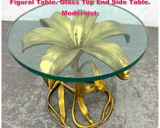 Lot 62 ARTHUR COURT Gilt Metal Lily Figural Table. Glass Top End Side Table. Modernist.